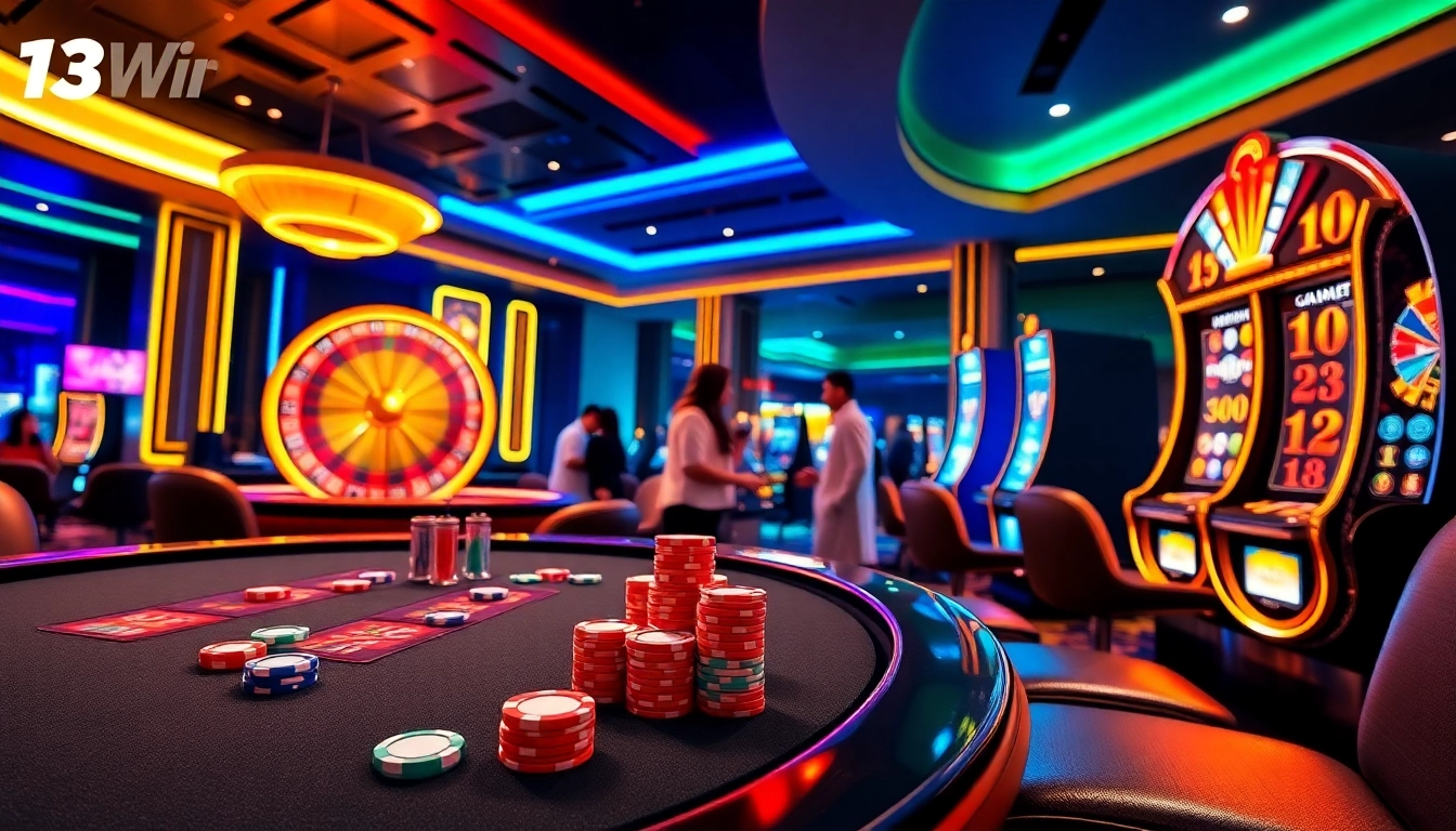 Exciting casino action at 13Win, featuring vibrant poker tables and spinning roulette wheels.