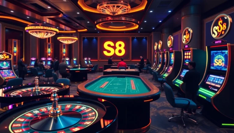 S8 players enjoying an immersive online casino experience with vibrant slot machines and sleek poker tables.