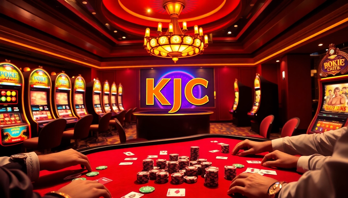KJC logo showcased in a luxurious casino environment with players enjoying poker and a spinning roulette wheel.