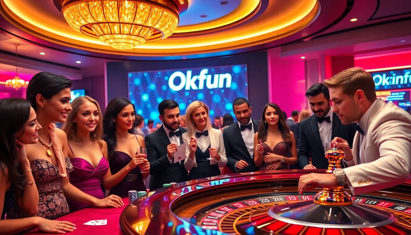 Experience thrilling gameplay at an Okfun casino with players enjoying roulette among vibrant decor and luxury.