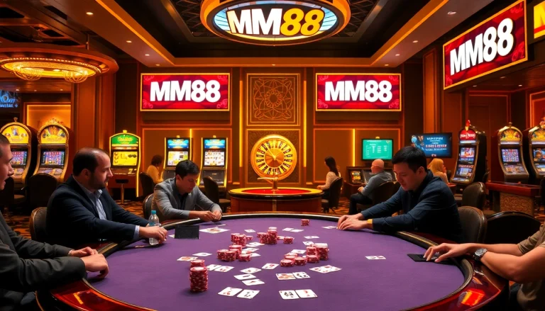 MM88 poker players engaged in a thrilling game with vibrant chips and cards.