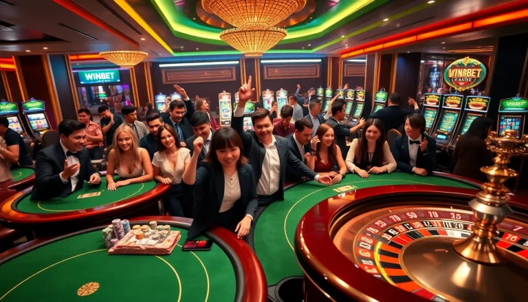 Exciting WINBET casino gaming scene with poker tables, roulette wheels, and diverse players.