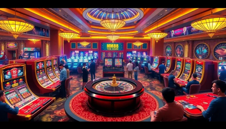 MM 88 casino scene showing players celebrating wins at luxurious slot machines and roulette.
