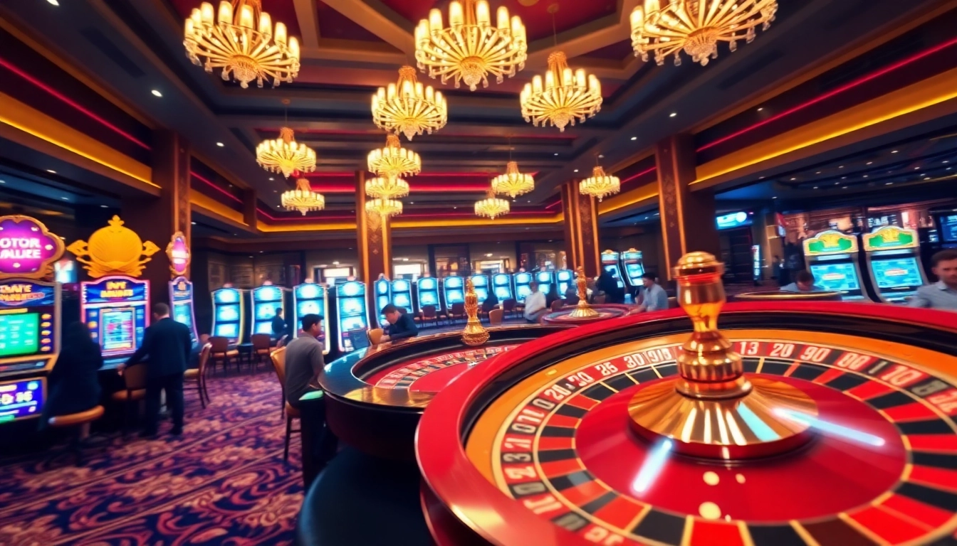 Players engaging in the thrilling atmosphere of QQ888 casino games with roulette and slot machines.