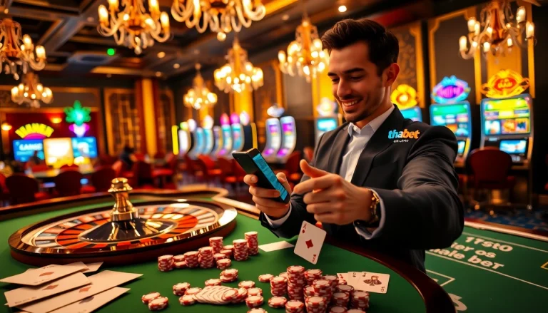 Gambler immerses in high-stakes excitement at thabet.com with vibrant casino visuals.