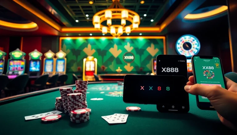 Play at the exciting XX88 casino table with chips and cards.