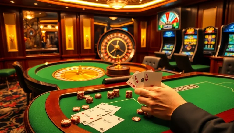Players experiencing excitement and luxury at Nhà Cái BJ888 casino, featuring poker chips and a roulette wheel.