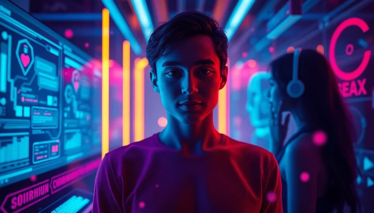 Engaging digital scene illustrating the concept of sex ai chat through futuristic AI interactions.