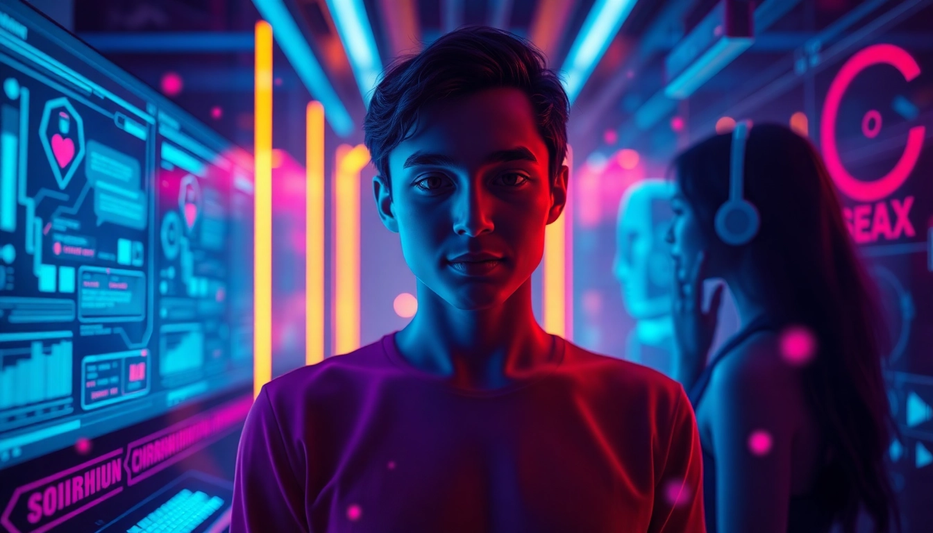 Engaging digital scene illustrating the concept of sex ai chat through futuristic AI interactions.