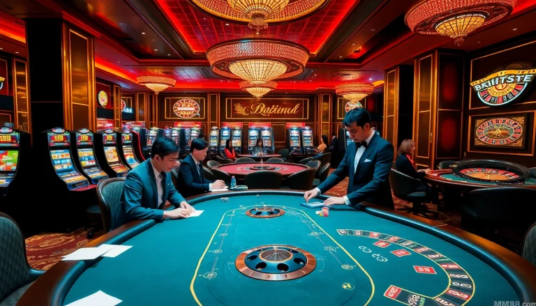 MM88 casino excitement with players at poker tables and vibrant slot machines.
