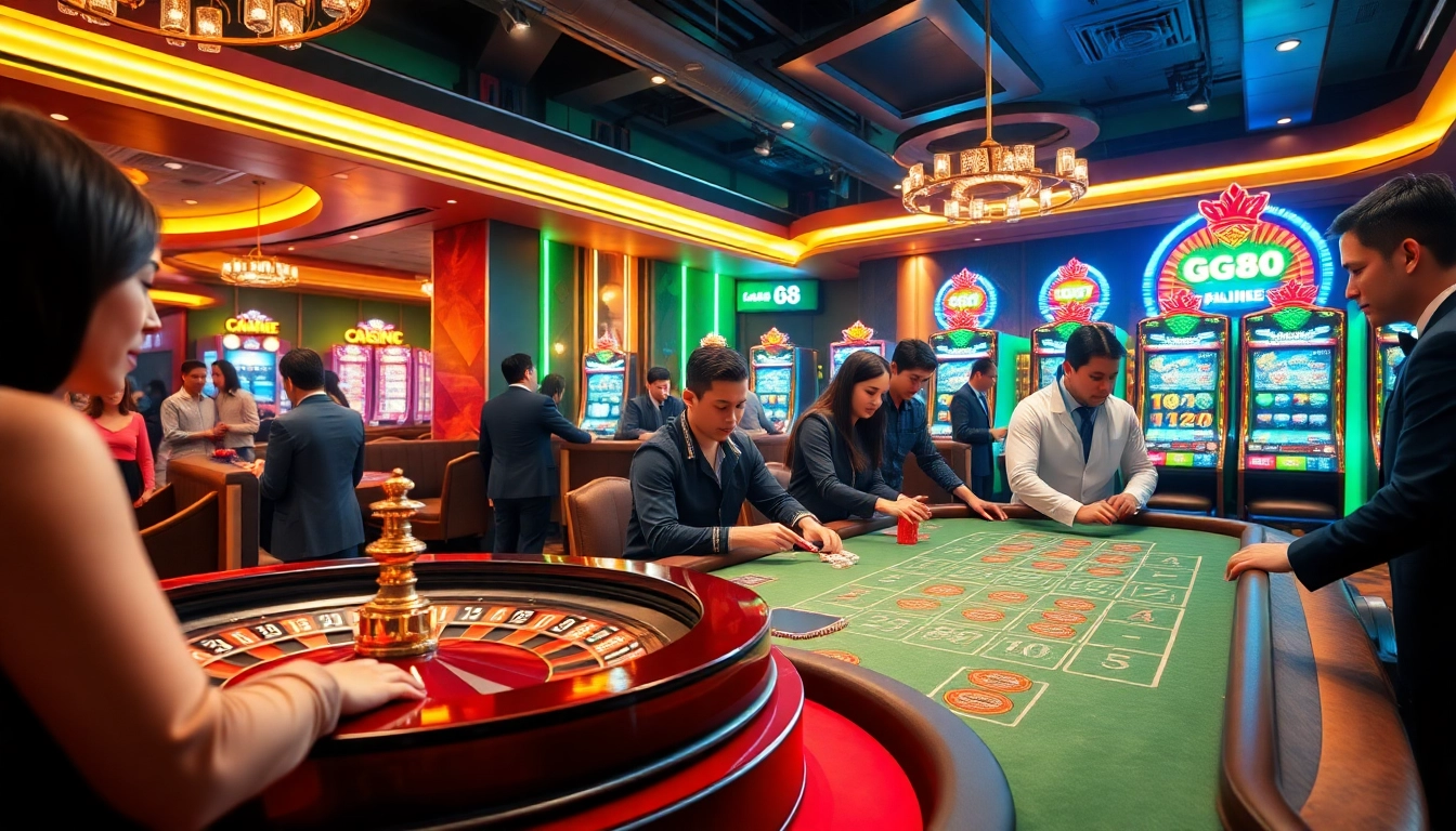 Exciting gambling scene showcasing GG88 online interface with roulette, poker, and slot machines.