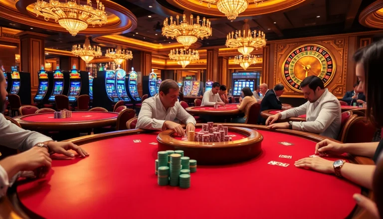 Hi8823 poker players engaging in a thrilling casino game with vibrant colors and luxurious atmosphere.