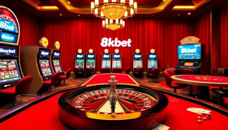 8kbet players enjoying a vibrant casino table setup with slots and poker activities.