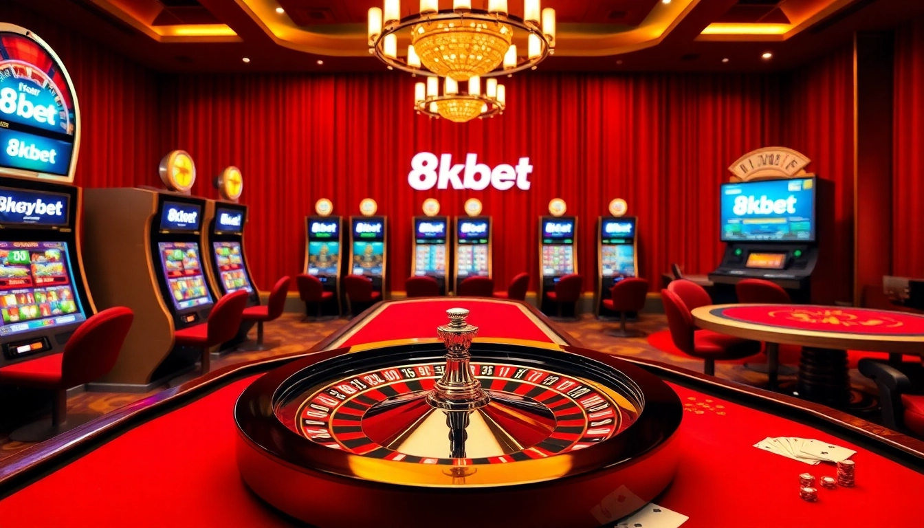 8kbet players enjoying a vibrant casino table setup with slots and poker activities.