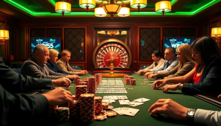 Players engaging in high-stakes poker at a luxurious table, highlighting win55 gaming excitement.