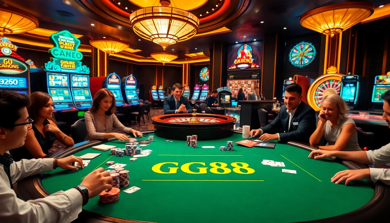 Experience the thrill of gambling at GG88's vibrant casino tables filled with poker chips and cards.