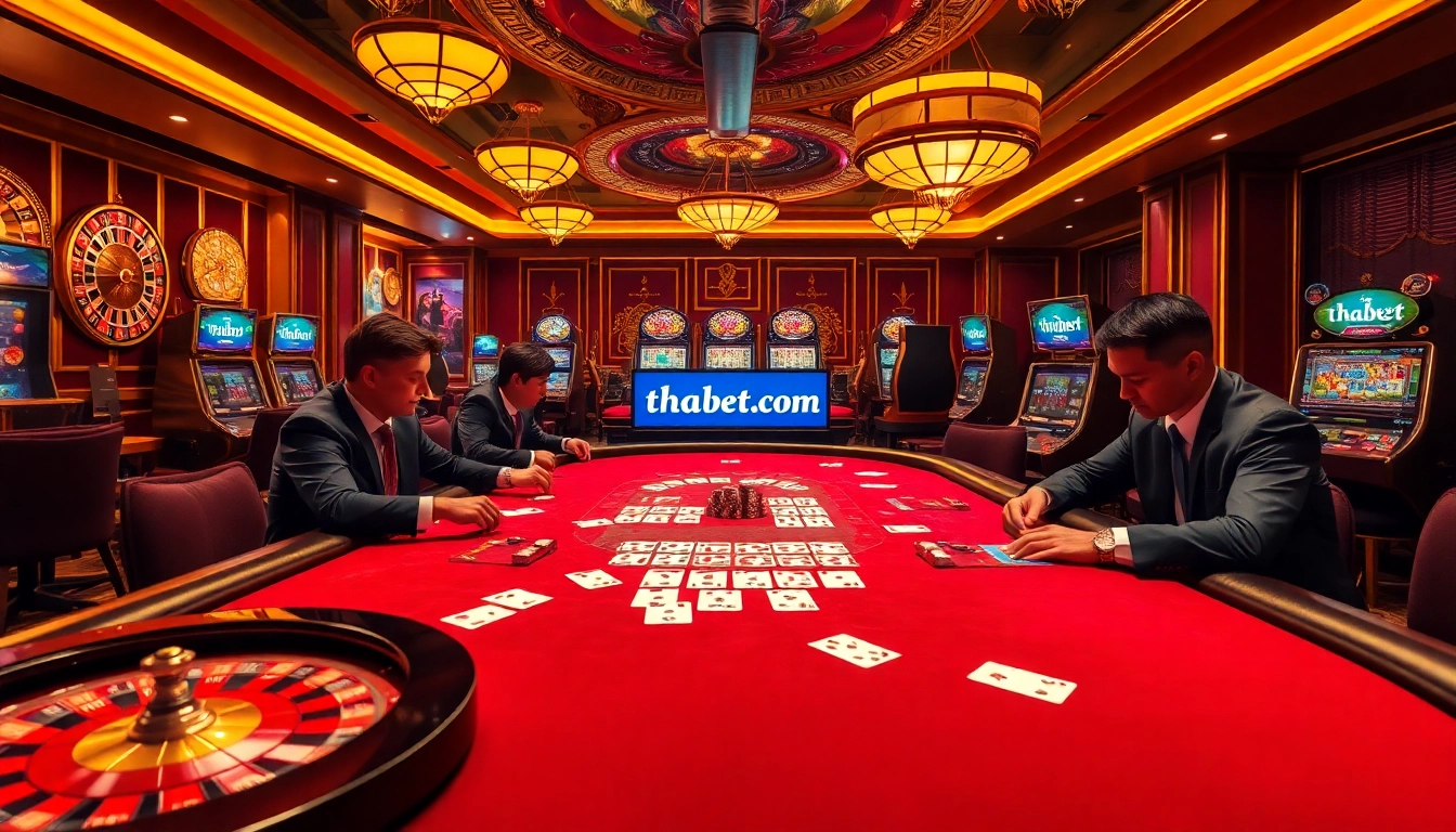 Players enjoying a high-stakes poker game at thabet com's luxurious casino, with vibrant slot machines in the background.