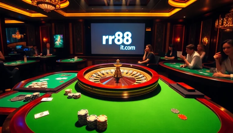 Experience the thrill of rr88itcom at vibrant casino tables with poker chips and cards.