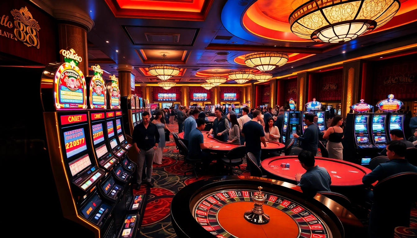 Experience thrilling casino gaming at Hello88 with vibrant tables, luxurious decor, and excited players.