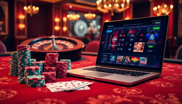 Engage with 32win's poker chips and roulette wheel at an elegant casino.