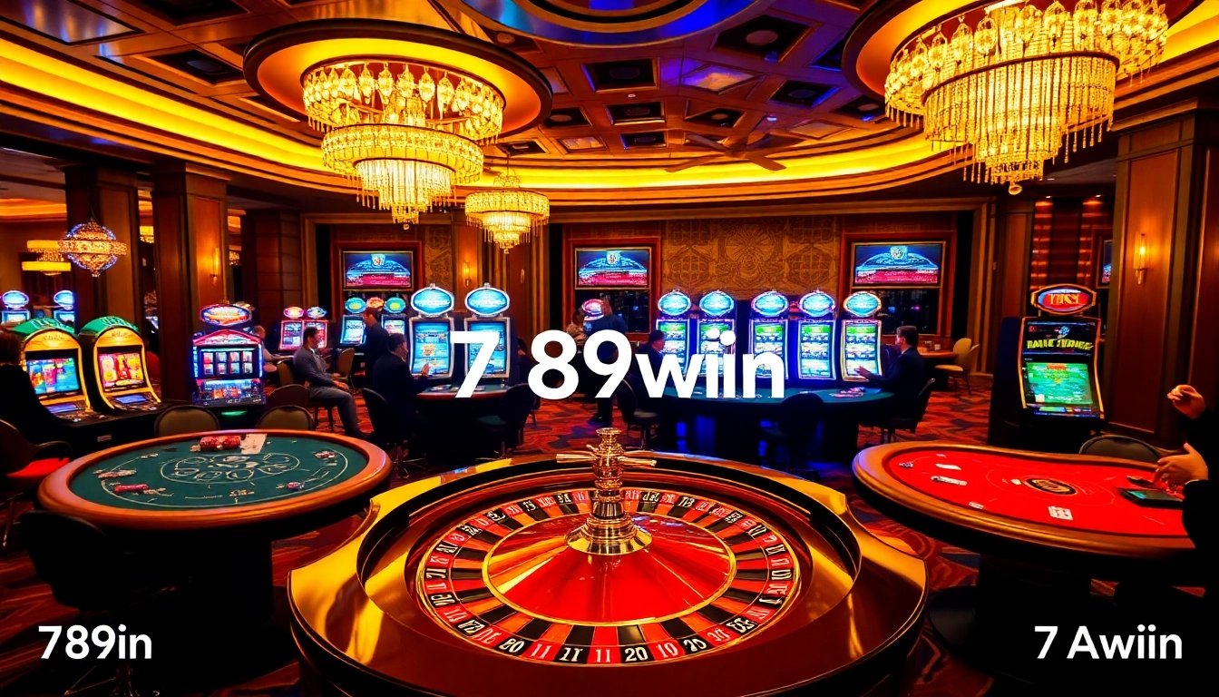 Exciting casino view featuring roulette and poker tables at 789win, conveying luxury and thrill.
