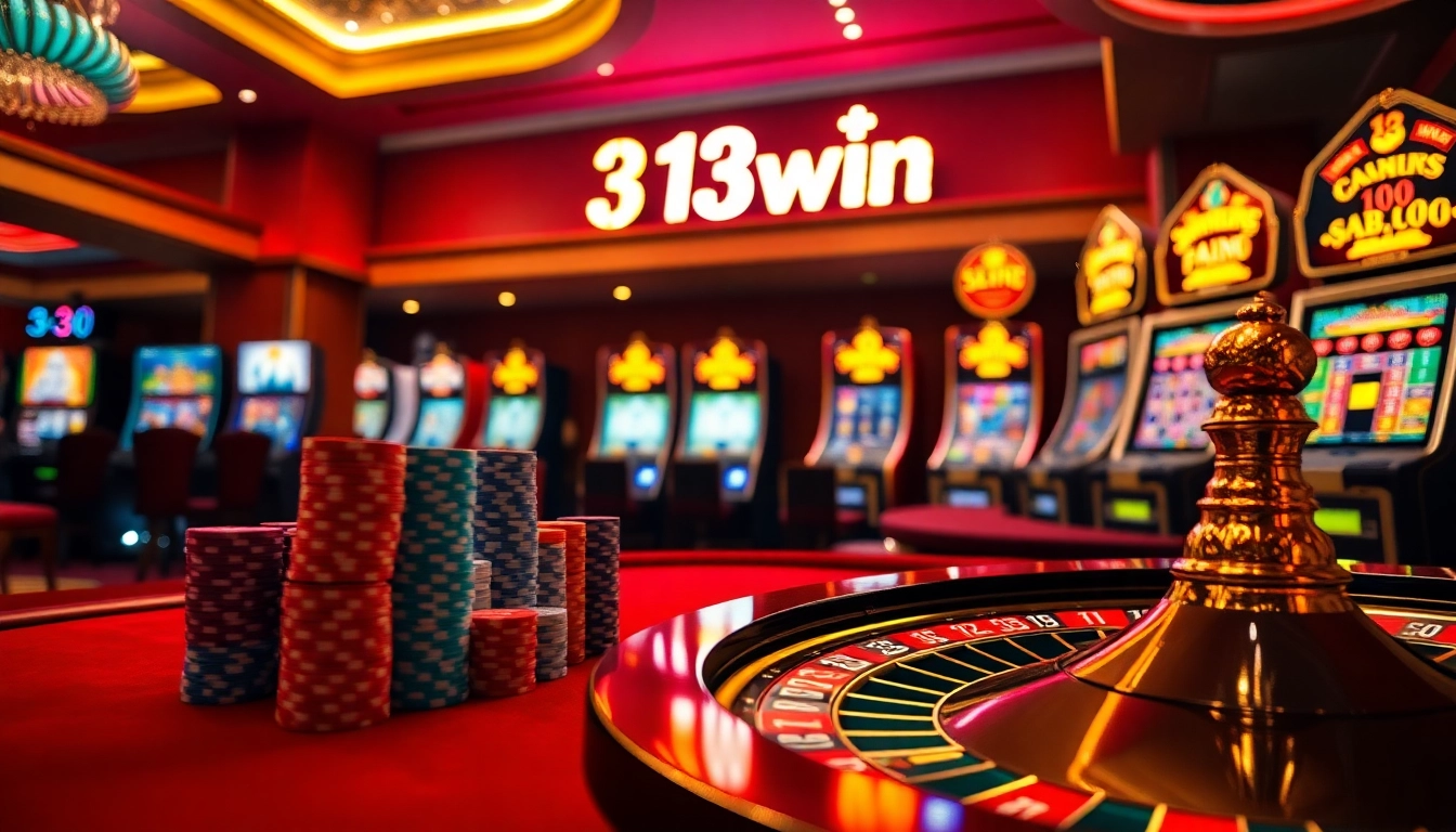 Experience the thrill of winning at 13win with a luxurious casino table and vibrant slot machines.