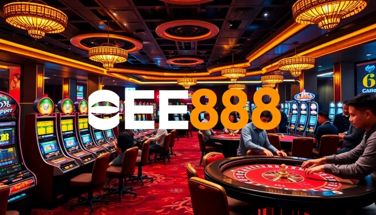 EE88 casino scene showcasing dynamic gaming action with vibrant slot machines and roulette tables.