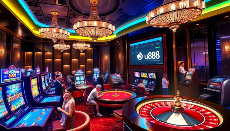 Players enjoying online casino games at u888 with vibrant slot machines and poker tables.