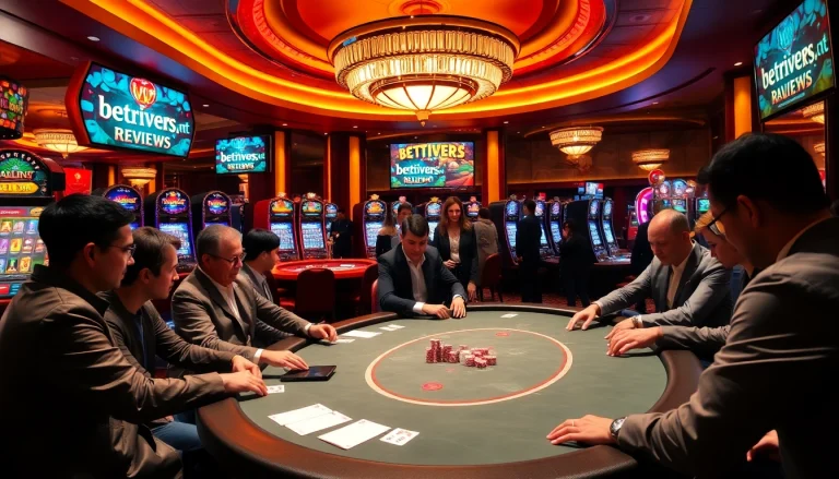 Engaging casino atmosphere showcasing players enjoying games while reviewing betrivers.net.