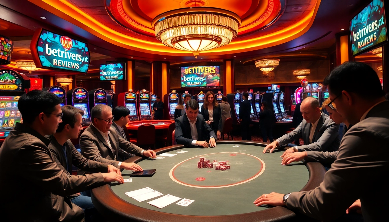 Engaging casino atmosphere showcasing players enjoying games while reviewing betrivers.net.