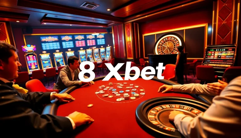 Exciting poker gameplay at 8Xbet, blending luxury with competitive spirit in a vibrant casino atmosphere.