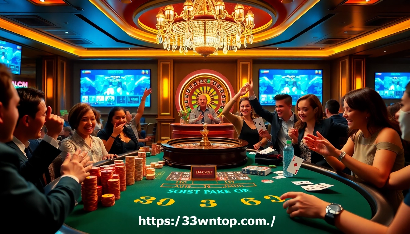 Winning players celebrating at the casino with a blackjack table, featuring https://33wintop.com/ gaming elements.