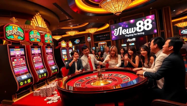 Players enjoying games at New88's luxurious casino, highlighted by exciting slot machines and roulette.
