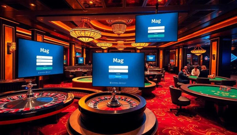 Experience the vibrant casino atmosphere featuring the Mag Login interface on digital screens.