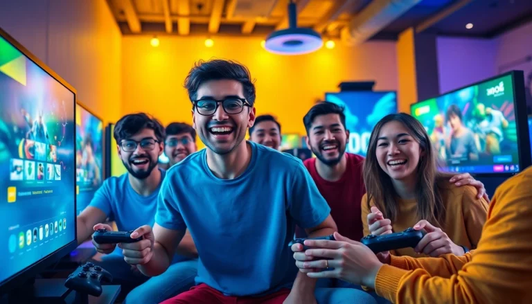 Dynamic scene of players enjoying Yono Games online gaming experience with modern setups and vibrant visuals.