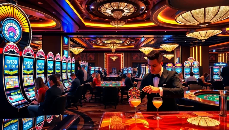 Experience thrilling wins at Bro138's vibrant slot machines in a luxurious casino setting.