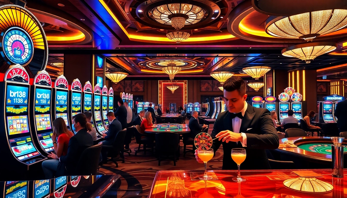 Experience thrilling wins at Bro138's vibrant slot machines in a luxurious casino setting.