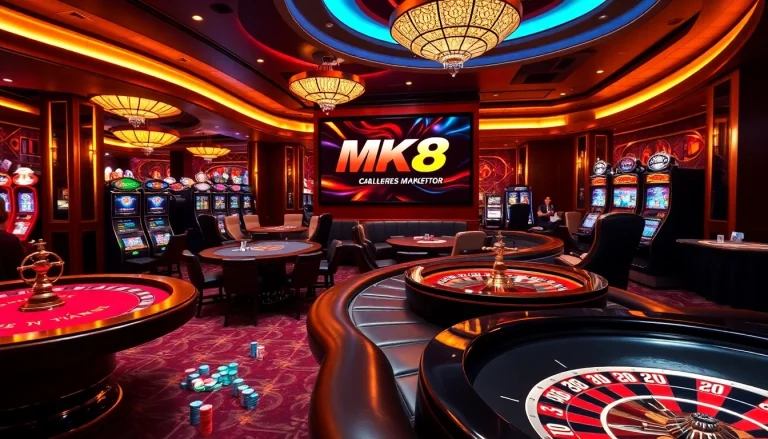 Experience the thrill of gambling at MK8 with vibrant casino visuals and players at the tables.