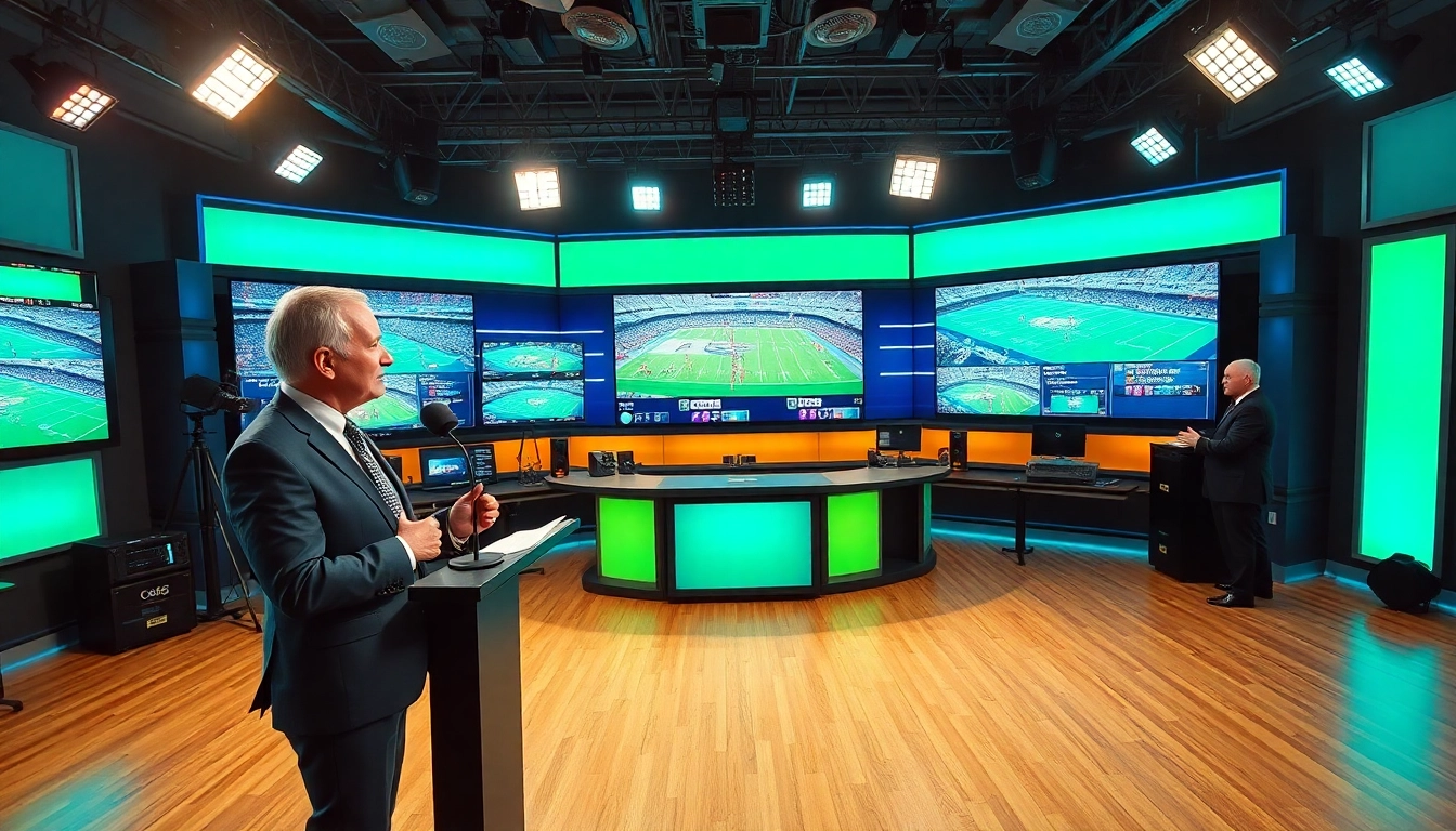 Engaging sports broadcasting host presenting live coverage in a high-tech studio setting.