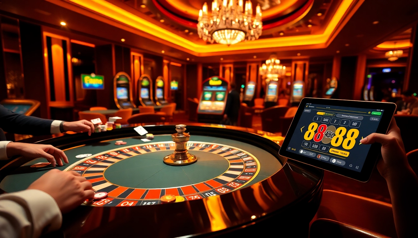 Players engaging at a roulette table in a luxurious casino atmosphere on https://rr88c.mobi/.