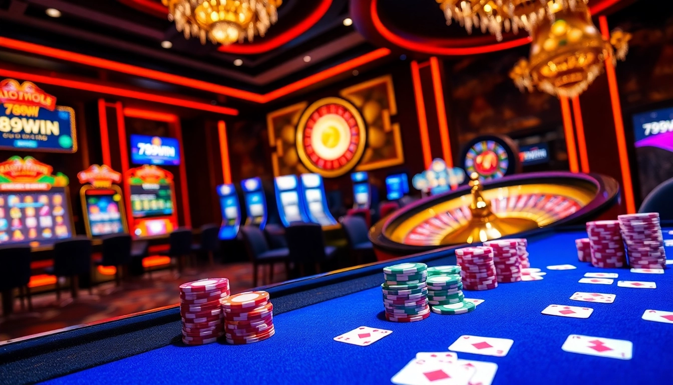 Exciting gaming experience at 789win casino, featuring vibrant poker chips and roulette wheel.