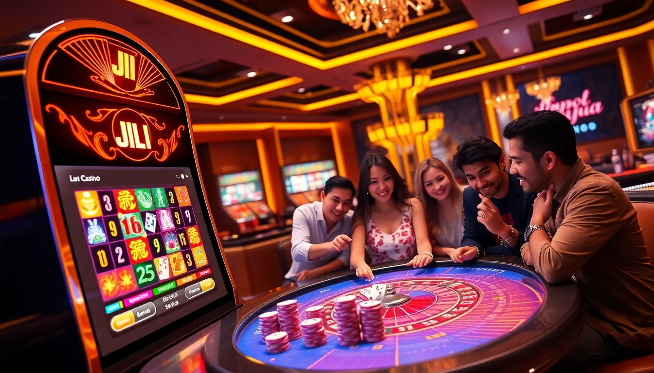 A thrilling JILI gaming experience showcasing vibrant slot machines and engaged players at luxurious casino tables.