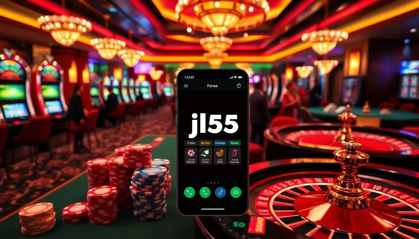 Exciting gaming action with the jl55 app on display amidst vibrant casino elements.
