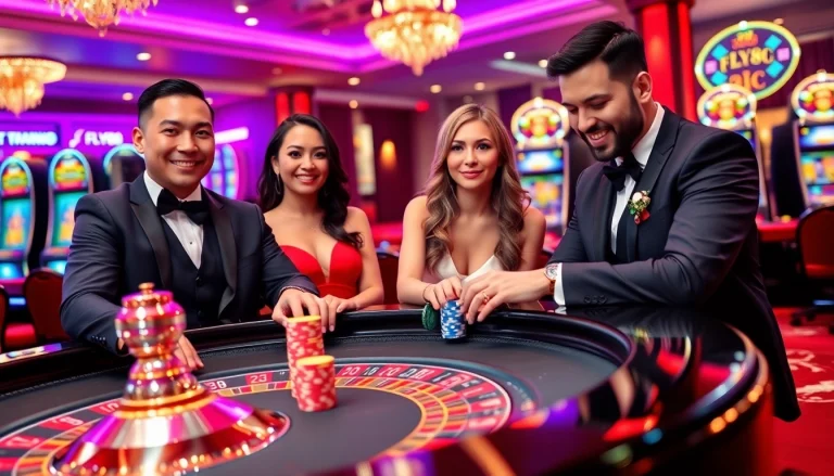 Players enjoy a thrilling night at the FLY88 casino, with colorful chips and roulette excitement.