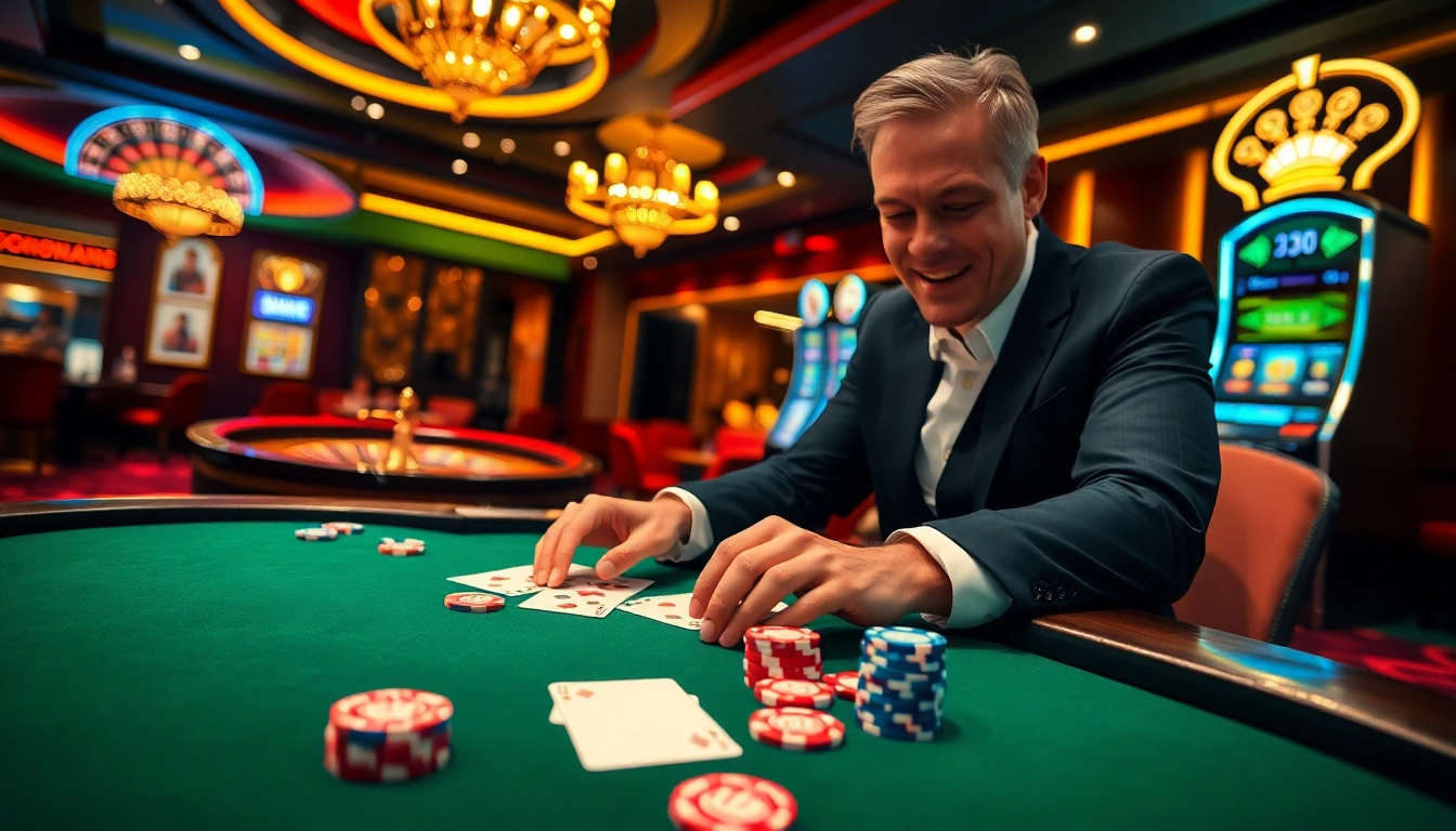 שחקן מניח הימור גבוה על שולחן פוקר אלגנטי בקזינו תוסס.