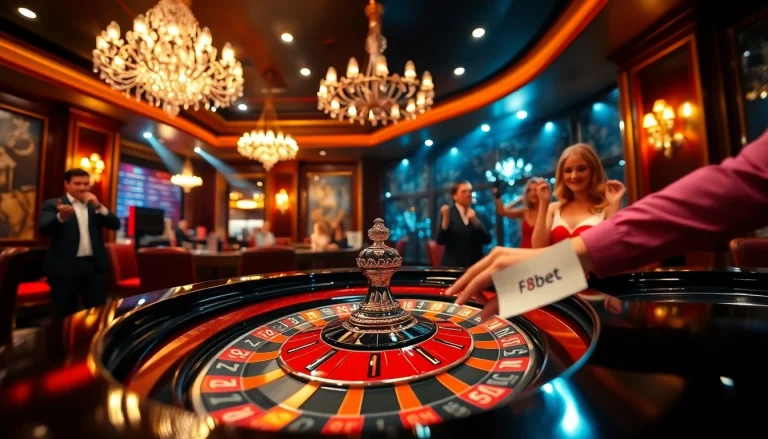 F8bet player placing bets at a luxurious roulette table in a high-end casino setting.