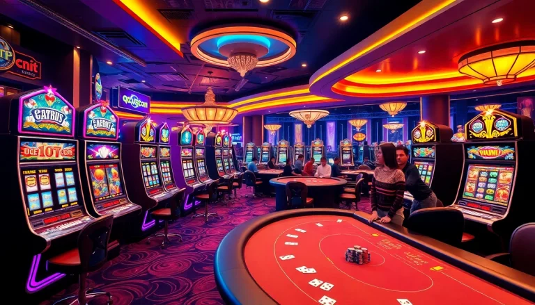 qqmacan features exciting slot machines and vibrant poker tables in a luxurious casino setting.