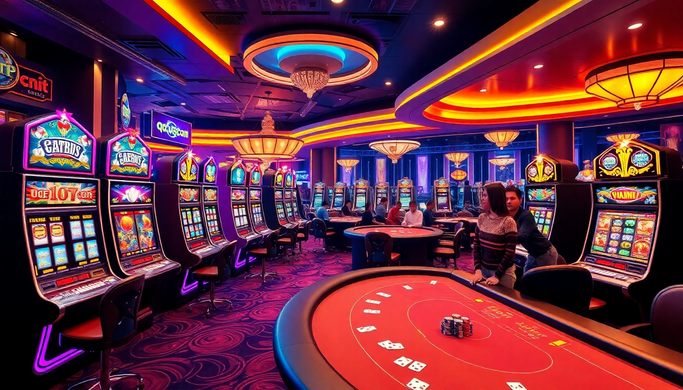 qqmacan features exciting slot machines and vibrant poker tables in a luxurious casino setting.