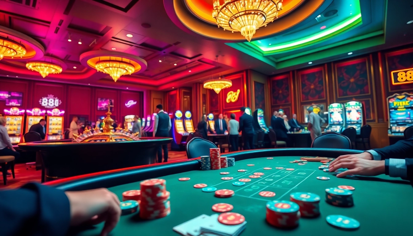 Players enjoying high-stakes poker at a luxurious casino featuring the 88i brand, showcasing vibrant action and excitement.