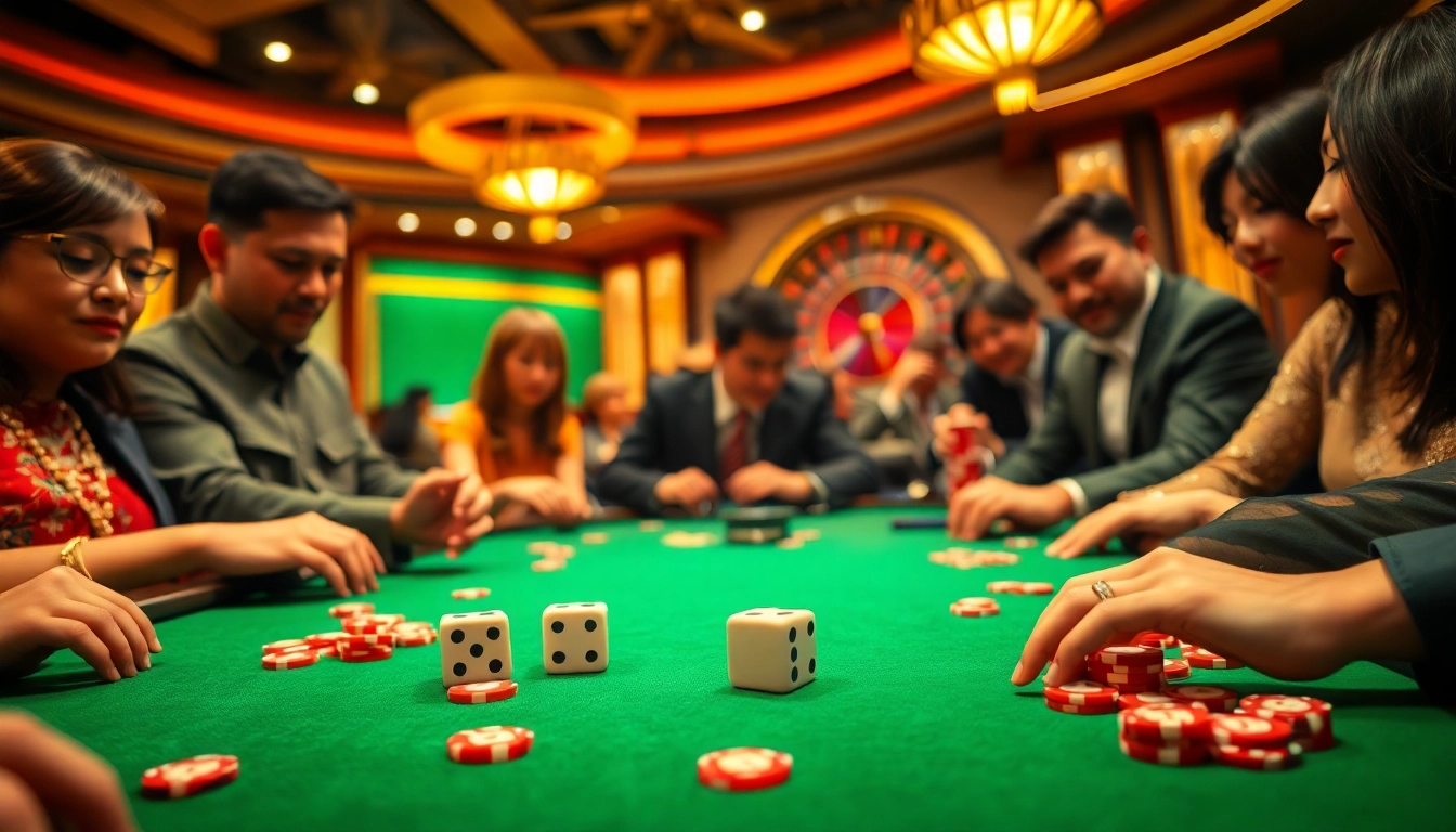 Engaged players betting on Taixiu at a luxurious casino table with vibrant atmosphere.